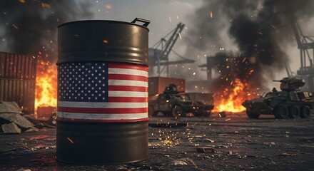 American flag on burning oil barrel in war zone with military vehicles