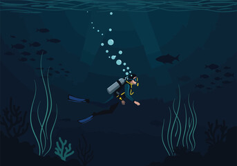 Undersea Exploration A Diver Navigates the Deep Blue Ocean, Encountering Aquatic Life and Lush Marine Vegetation During a Thrilling Adventure