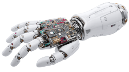 Advanced robotic hand with visible internal circuitry and wiring
