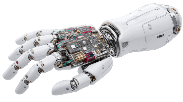Advanced robotic hand with visible internal circuitry and wiring