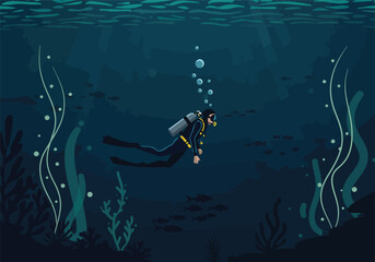Illustration of a diver exploring the depths of the ocean, surrounded by marine life and bubbles, in a calming underwater scene.