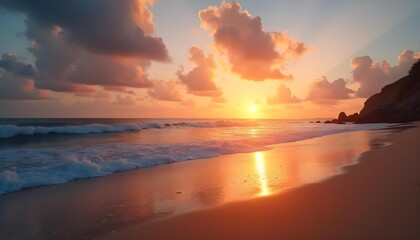 Sunset over tropical beach with golden sky reflecting on calm waves and wet sand, scenic seascape with coastal mountains silhouette