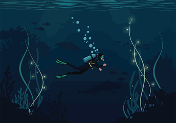 Deep Sea Scuba Diving Exploration with Bioluminescent Flora and Fauna Underwater Marine Life Adventure