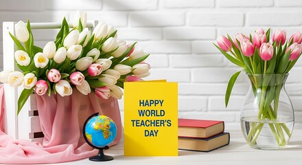 Happy world teachers day with tulips and books