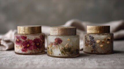 Organic Cosmetic Jars with Dried Flowers on Linen Surface for Natural Beauty and Skincare Products