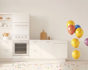 A shiny, clean kitchen ready for a big party, with balloons and confetti nearby. Before-and-after party cleaning service concept.