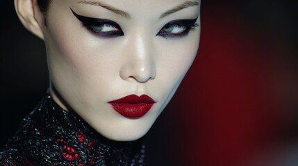 Fototapeta premium Dramatic Runway Makeup with Sharp Lines Showcasing Bold Style and Striking Features