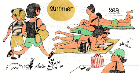 People sunbathing on the beach in cartoon style. Watercolor drawing.