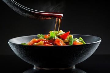 Cutout of sweet soy glaze cascading onto a bowl of stir-fried vegetables, its reflective surface adding depth and appeal, isolated on a black background