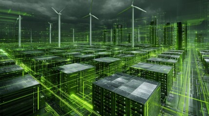 Fototapeta premium Futuristic Data Center with Green Energy Glow and Hovering Wind Turbines under Dark Clouds
