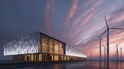 Fototapeta premium Futuristic Data Center with Wind Turbines Under Dramatic Sky at Sunset