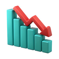 3D Render of a Decreasing Bar Graph with a Red Downward Arrow.