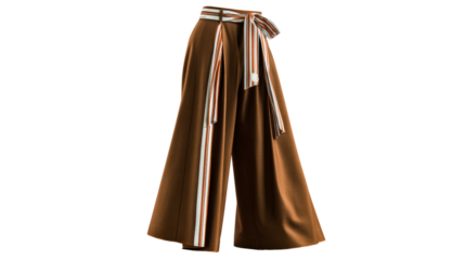 Brown wide-leg pants with a striped belt and trim