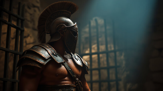 Gladiator preparing for battle inside a Roman cell, cinematic lighting and emotional tension.