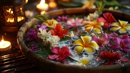 Tranquil Southeast Asian Floral Bath with Candles Emitting Soft Glows in a Tropical Setting