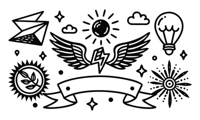 Hand-Drawn Doodle Elements Collection, set of doodle frames outline, Blank Banners, Speech Bubbles & Icons vector art drawing, Vector Line Art, Black & White elements design