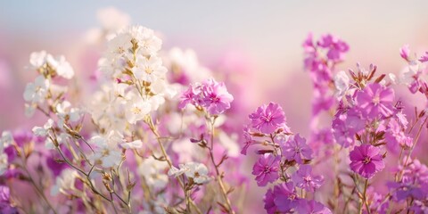 The vibrant blooms of pink and white flowers in a serene natural setting
