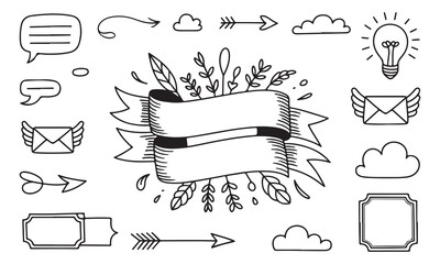 Hand-Drawn Doodle Elements Collection, set of doodle frames outline, Blank Banners, Speech Bubbles & Icons vector art drawing, Vector Line Art, Black & White elements design
