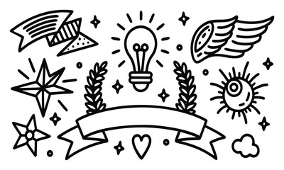 Hand-Drawn Doodle Elements Collection, set of doodle frames outline, Blank Banners, Speech Bubbles & Icons vector art drawing, Vector Line Art, Black & White elements design