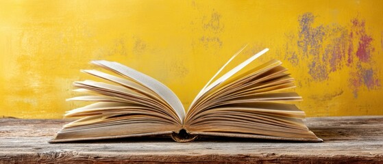 The open book on a rustic wooden table with a vibrant yellow background.