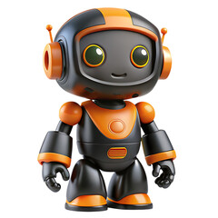Adorable 3D rendered black and orange robot character with big eyes.
