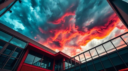Sky's Embrace: An architectural marvel reaches toward a dynamic skyscape, where fiery hues of sunset ignite a canvas of clouds.