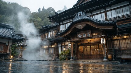 Fototapeta premium Tranquil Traditional Japanese Onsen Scene with Steam Rising Amidst Natural Surroundings in Peaceful Atmosphere