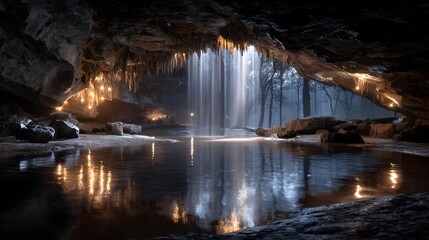 Cave Waterfall Pool, Winter Forest, Lights, Calm
