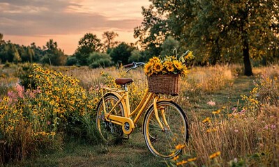 Yellow bicycle with sunflowers in a basket on a field at sunset - Powered by Adobe