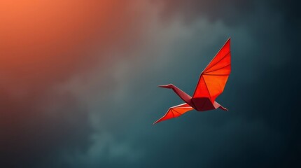Origami Bird in Flight: Witness the elegance of a paper origami bird soaring effortlessly through a gradient sky, symbolizing freedom and aspiration.