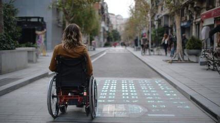 Obraz premium User in Wheelchair Navigating Smart City Streets with AI Technology for Accessible Urban Mobility
