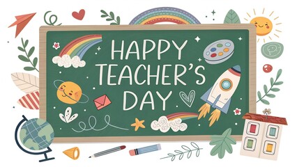 Happy teachers day chalkboard with colorful drawings of rainbow sun rocket globe and school supplies