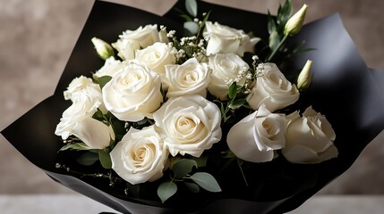 Elegant Bouquet of White Roses in Black Wrapping