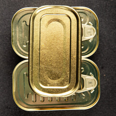 Can tin canned food fish or meat, tin can vegetable fresh delicious gourmet food background on the table rustic food top view copy space