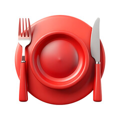 Red dinner plate with a matching fork and knife place setting.