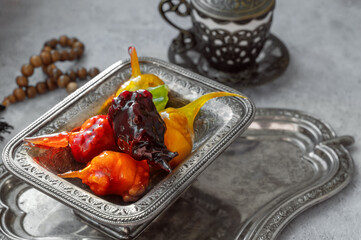 Churchkhella multicolor - nuts in dried juice. Traditional oriental sweets on holiday dishes