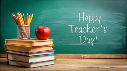 Happy teachers day message written on a green chalkboard, with a stack of books, an apple, and pencils, symbolizing education and appreciation