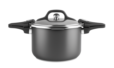Pressure cooker with a sleek design and sturdy handles, showcasing a polished lid and body for efficient cooking. isolated on white background and transparent background