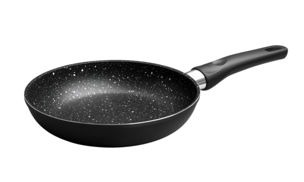 A non-stick frying pan with a speckled surface and ergonomic handle designed for cooking. isolated on white background and transparent background