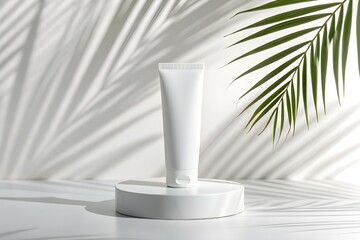 White cosmetic tube mockup on a pedestal with palm leaf shadow isolated on white background