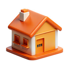 Stylized 3D icon of a small orange and white house with a chimney.