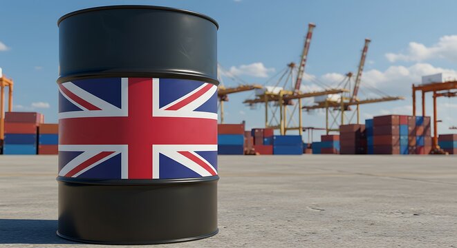 UK flag oil barrel at industrial port ready for international trade and export