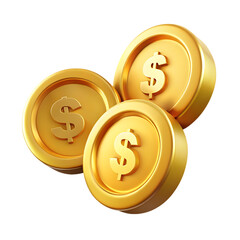 Three Golden Dollar Coins 3D Render Wealth Symbol.