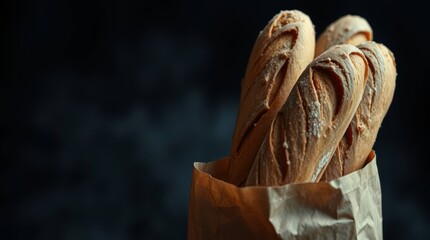 Artisan Loaves in Paper Bag: Three golden-crusted artisan baguettes peek invitingly from a rustic paper bag, evoking a sense of warmth and culinary delight. Focus is on natural light.