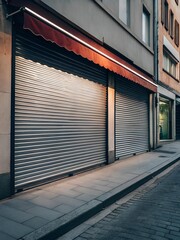 Fototapeta premium Empty cobblestone street with two closed metal storefronts and red awning, early morning light and tiled sidewalk, urban stillness concept