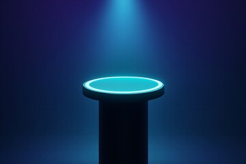 Illuminated neon pedestal with spotlight in dark futuristic setting
