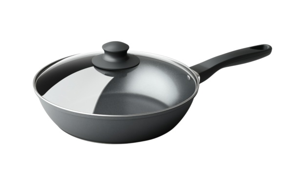 Non-stick frying pan with a transparent lid and a long handle, suitable for various cooking methods. isolated on white background and transparent background