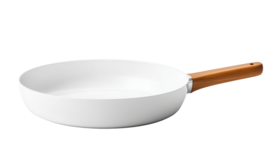 A sleek, white frying pan with a wooden handle, ideal for cooking various dishes. isolated on white background and transparent background