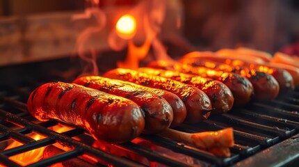 Sizzling Sausage Barbecue :A tantalizing image capturing a close-up view of sausages grilling on a hot barbecue, perfect for culinary delights and summer fun!