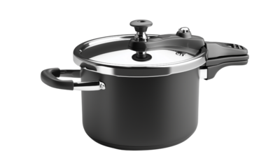 A modern pressure cooker with a sleek design and a polished lid, featuring a pressure gauge and sturdy handles. isolated on white background and transparent background